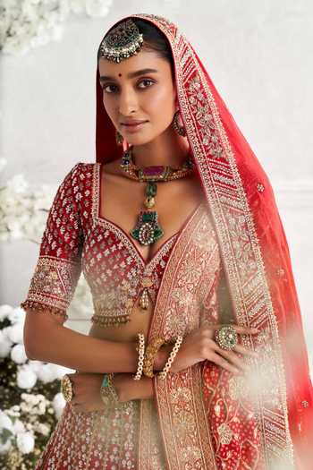 Floral Resham Embroidery Lehenga Set with Velvet Blouse, Frills & Crystal Embellishment